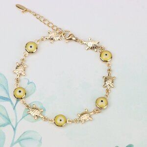 "Rose Gold Turtle & Yellow Evil Eye Bracelet, Cute Protective Design, XPBL0744
